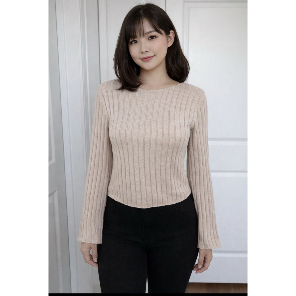 Hippie Rose Ribbed Knit‎ Sweater Medium Neutral Tan Boho Cottagecore Bell Sleeve